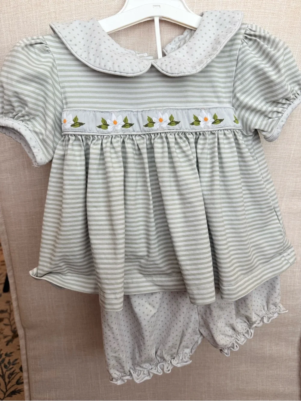 Striped Sage Green Baby Matching Set with Floral Trim